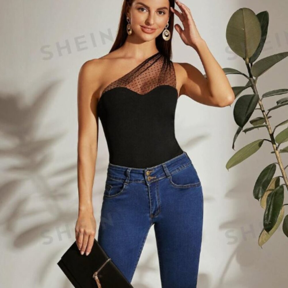 SHEIN Privé One Shoulder Dot Flocked Mesh Yoke Top